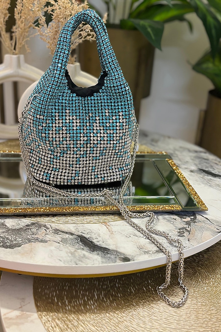 Sea Blue Rhinestone Bucket Bag by Soniya G Accessories at Pernia's Pop Up Shop