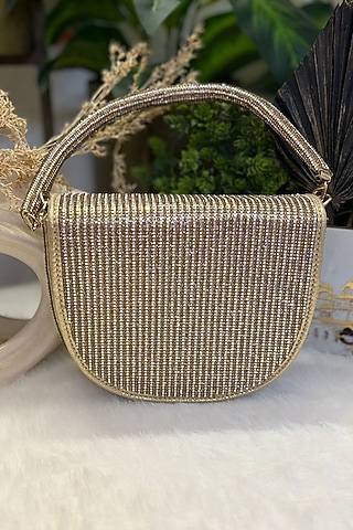 Golden Shimmer Leather Pearl Embroidered Clutch by Soniya G Accessories