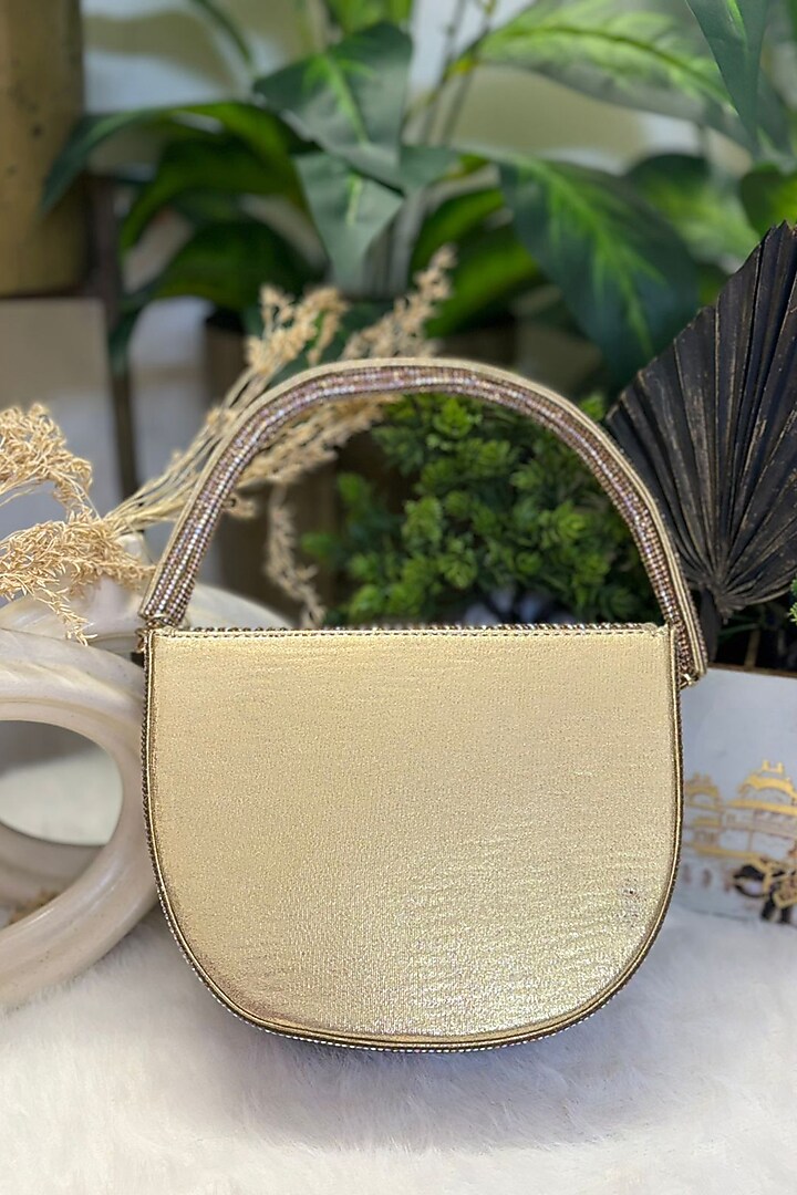 Golden Shimmer Leather Pearl Embroidered Clutch by Soniya G Accessories at Pernia's Pop Up Shop