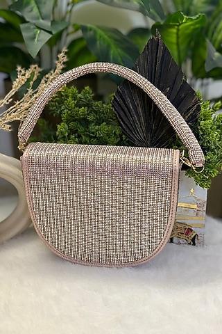 Rose Gold Shimmer Leather Pearl Embroidered Clutch by Soniya G Accessories