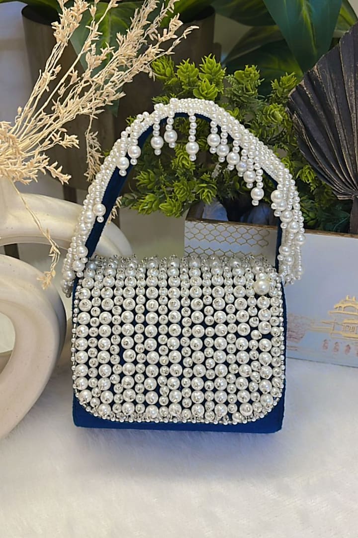 Blue Velvet Pearl Embroidered Clutch by Soniya G Accessories at Pernia's Pop Up Shop