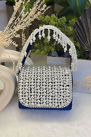Blue Velvet Pearl Embroidered Clutch by Soniya G Accessories