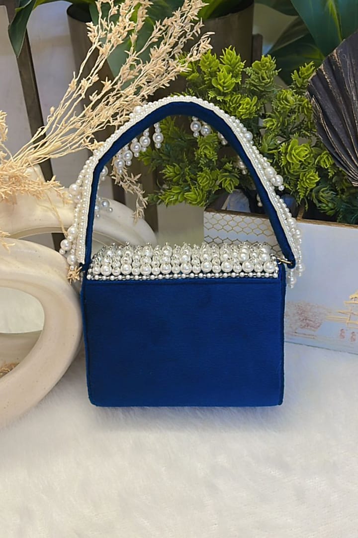 Blue Velvet Pearl Embroidered Clutch by Soniya G Accessories at Pernia's Pop Up Shop
