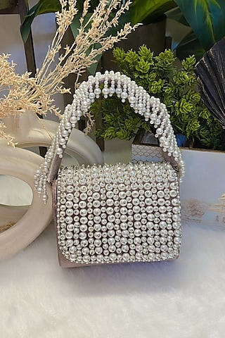 Onion Pink Velvet Pearl Embroidered Clutch by Soniya G Accessories