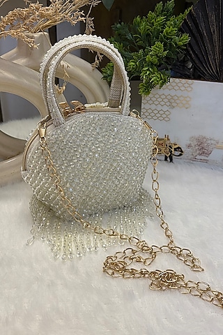White Velvet Beads Embroidered Clutch by Soniya G Accessories