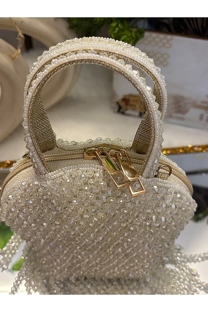 White Velvet Beads Embroidered Clutch by Soniya G Accessories at Pernia's Pop Up Shop