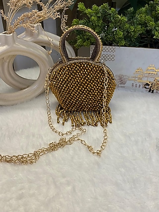 Oxidized Gold Velvet Beads Embroidered Clutch by Soniya G Accessories