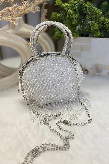 Silver Velvet Beads Embroidered Clutch by Soniya G Accessories at Pernia's Pop Up Shop