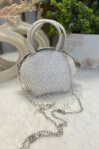 Silver Velvet Beads Embroidered Clutch by Soniya G Accessories