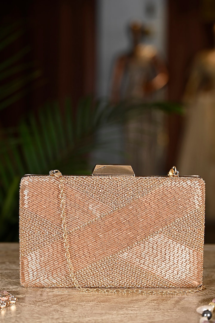 Rose Gold Wood Embroidered Clutch by Soniya G Accessories at Pernia's Pop Up Shop