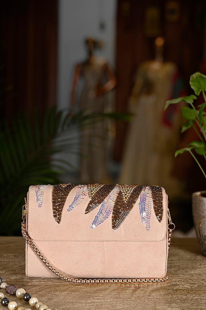 Rose Gold Velvet Hand Embroidered Clutch by Soniya G Accessories at Pernia's Pop Up Shop