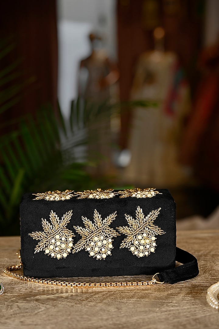 Black Velvet Hand Embroidered Clutch by Soniya G Accessories