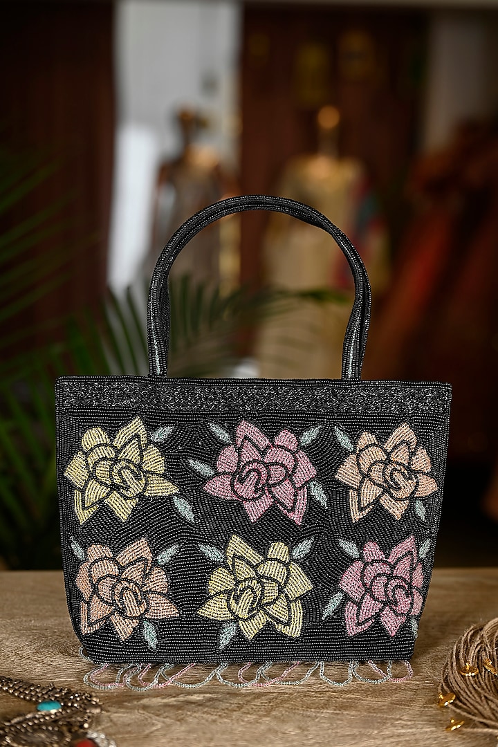 Black Silk Embroidered Hand Bag by Soniya G Accessories