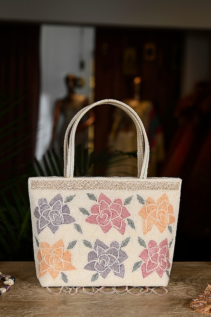 White Silk Embroidered Hand Bag by Soniya G Accessories