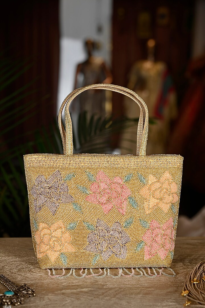 Golden Silk Embroidered Hand Bag by Soniya G Accessories