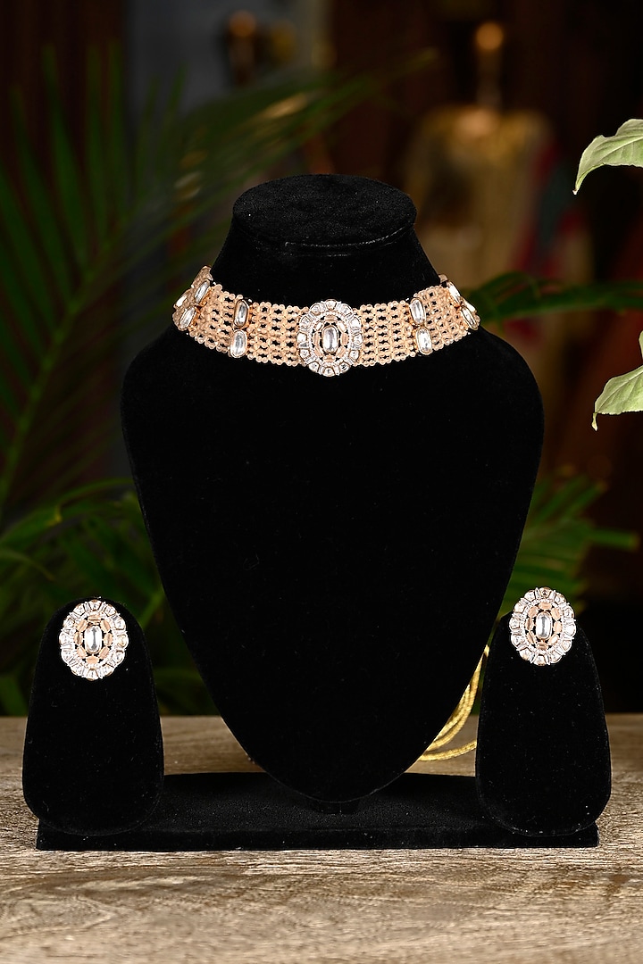 Rose Gold Finish Swarovski & Peach Beaded Choker Necklace Set by Soniya G Accessories