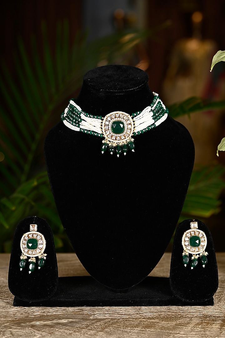 Gold Finish Swarovski & Emerald Choker Necklace Set by Soniya G Accessories