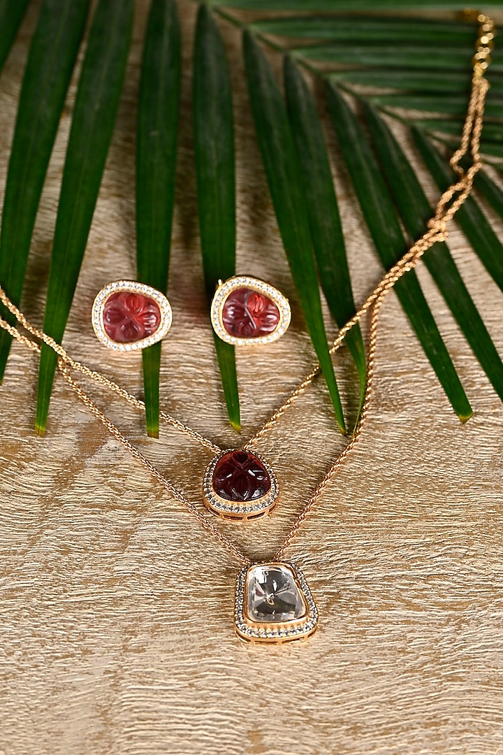 Gold Finish Swarovski & Pink Stone Layered Pendant Necklace Set by Soniya G Accessories