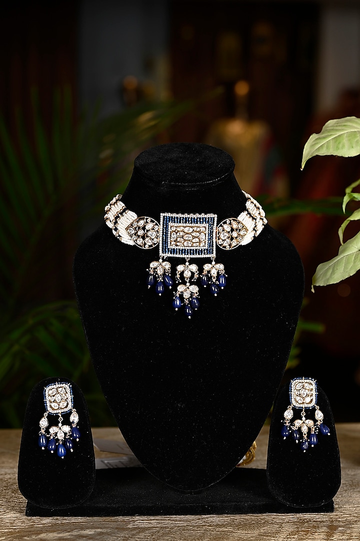 Gold Finish Royal Blue Swarovski Choker Necklace Set by Soniya G Accessories