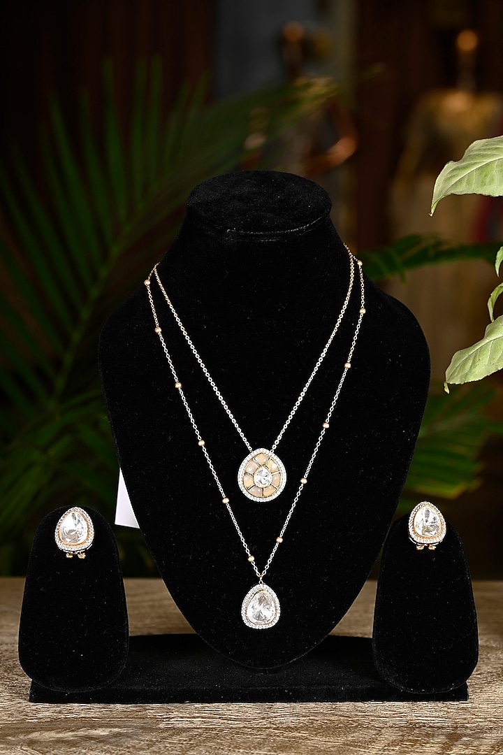Gold Finish Swarovski & Silver Stone Layered Pendant Necklace Set by Soniya G Accessories