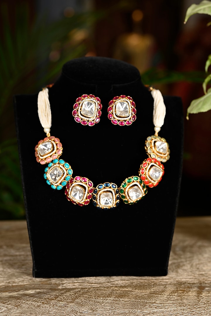 Gold Finish Multi-Colored Swarovski Necklace Set by Soniya G Accessories