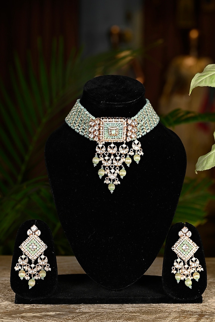 Gold Finish Swarovski & Mint Green Beaded Choker Necklace Set by Soniya G Accessories