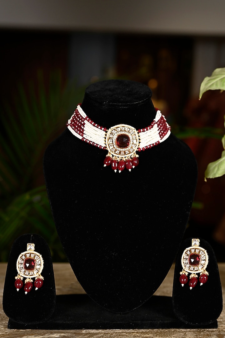 Gold Finish Swarovski & Ruby Stone Choker Necklace Set by Soniya G Accessories