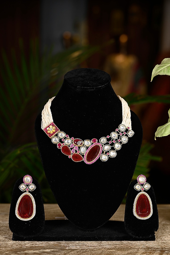 Gold Finish Swarovski & Ruby Choker Necklace Set by Soniya G Accessories