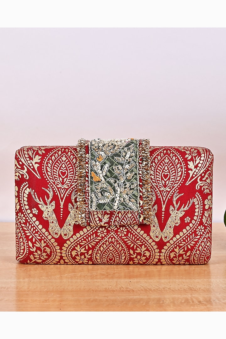Coral Red Foil Printed Clutch by Soniya G Accessories