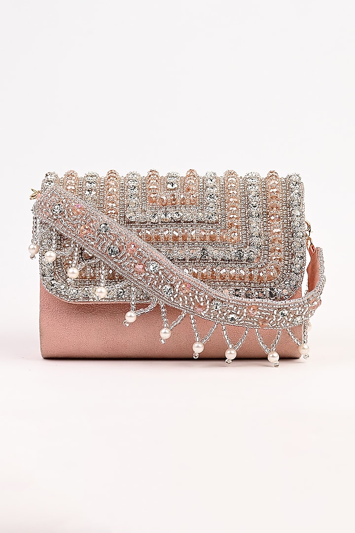 Peach Raw Silk Embellished Clutch by Sugarcrush at Pernia's Pop Up Shop