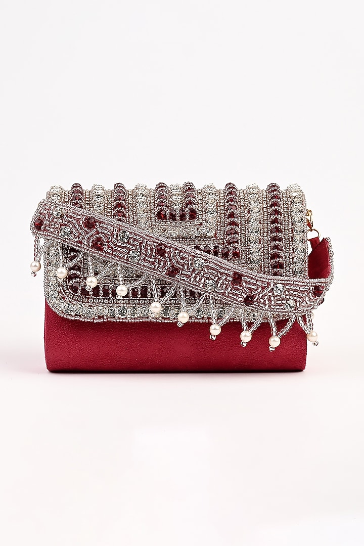 Red Raw Silk Embellished Clutch by Sugarcrush at Pernia's Pop Up Shop