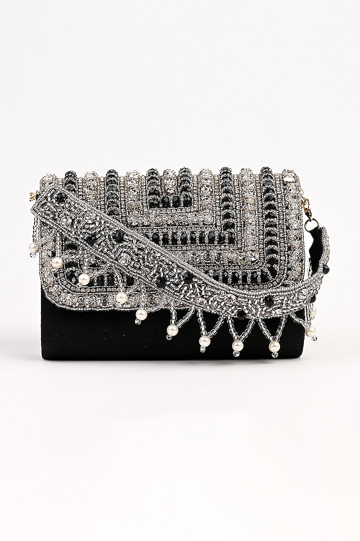 Black Raw Silk Embellished Clutch by Sugarcrush at Pernia's Pop Up Shop