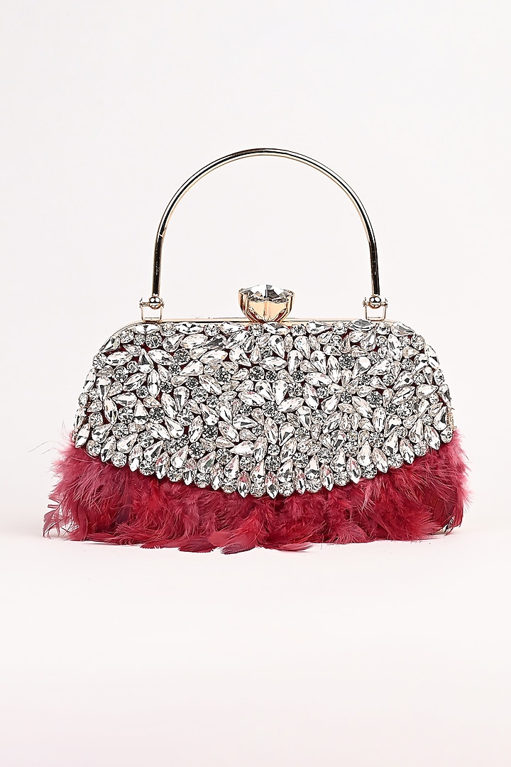 Red Raw Silk Crystal Embellished Clutch by Sugarcrush at Pernia's Pop Up Shop