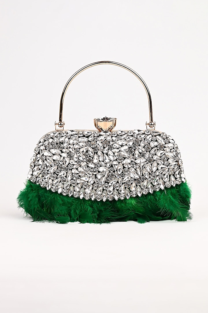 Green Raw Silk Crystal Embellished Clutch by Sugarcrush at Pernia's Pop Up Shop