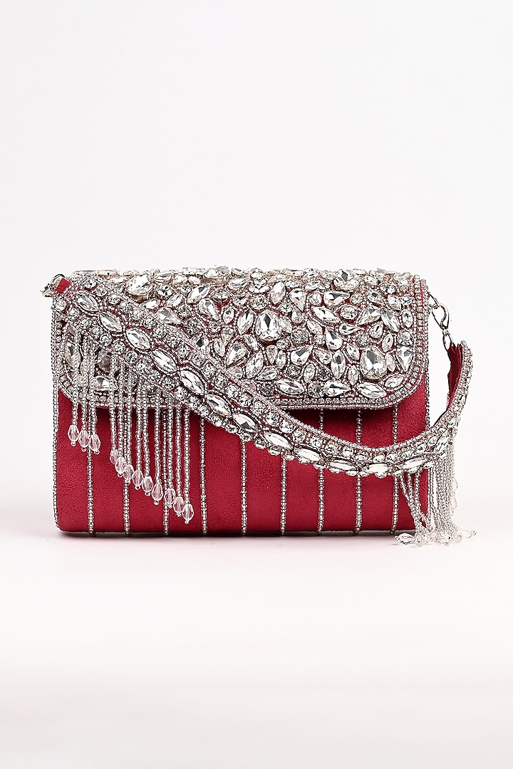 Red Raw Silk Crystal Embellished Clutch by Sugarcrush at Pernia's Pop Up Shop