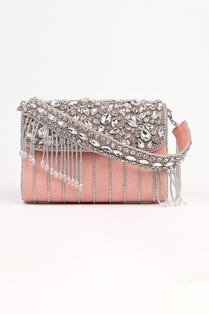 Peach Raw Silk Crystal Embellished Clutch by Sugarcrush at Pernia's Pop Up Shop