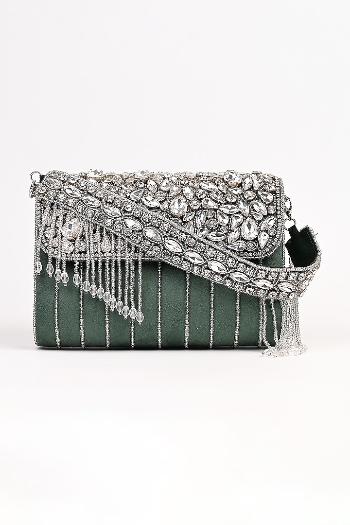 Green Raw Silk Crystal Embellished Clutch by Sugarcrush at Pernia's Pop Up Shop