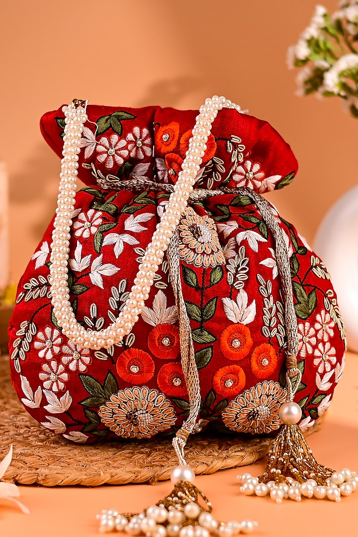 Red Raw Silk Embroidered Potli by Sugarcrush