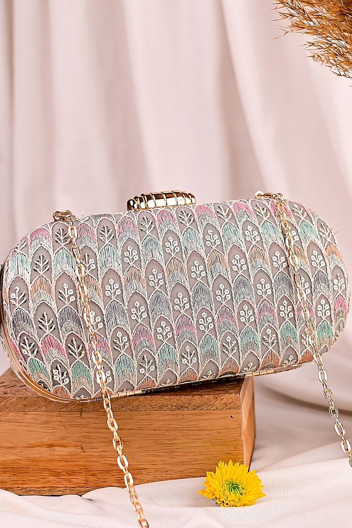 Multi-Colored Raw Silk Embroidered Clutch by Sugarcrush