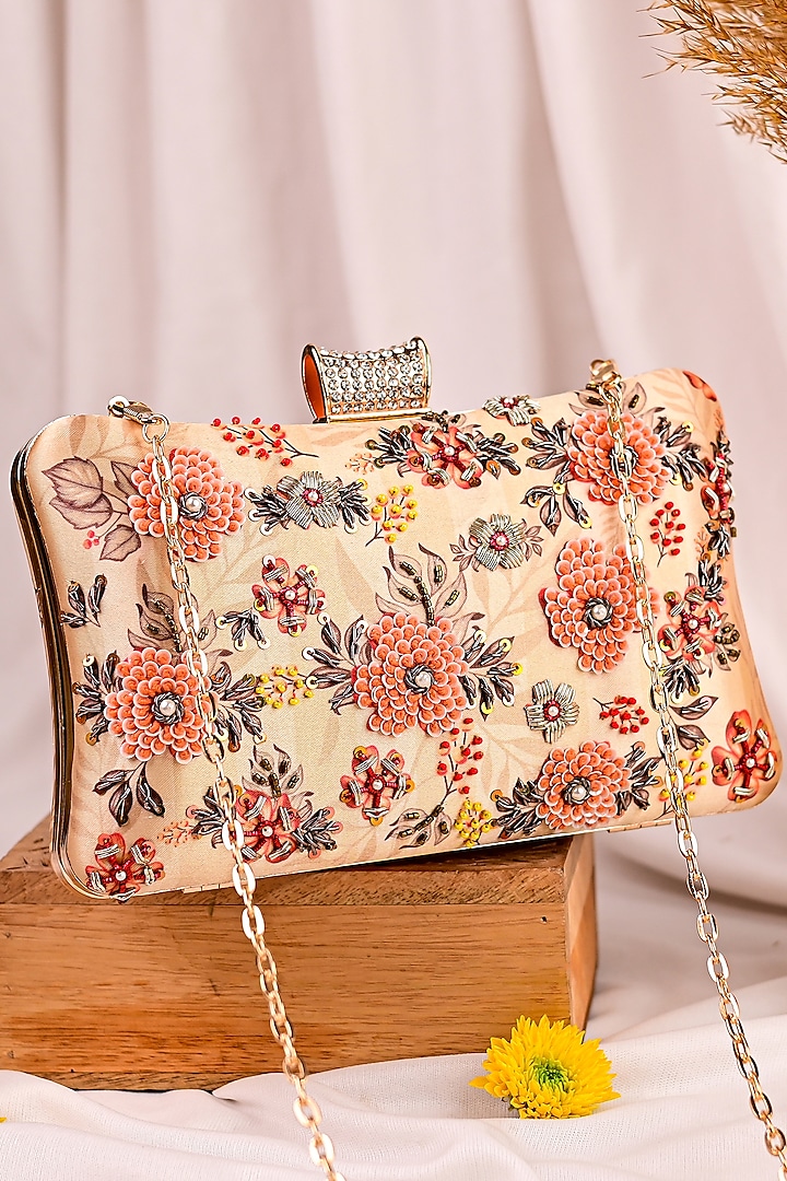 Beige Raw Silk Embroidered Clutch by Sugarcrush at Pernia's Pop Up Shop