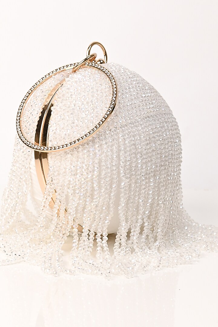 White Raw Silk Crystal Embroidered Round Clutch by Sugarcrush at Pernia's Pop Up Shop