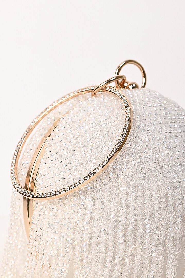 White Raw Silk Crystal Embroidered Round Clutch by Sugarcrush at Pernia's Pop Up Shop