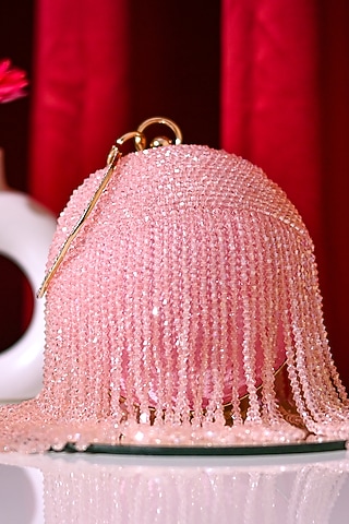 Pink Raw Silk Crystal Embroidered Round Clutch by Sugarcrush