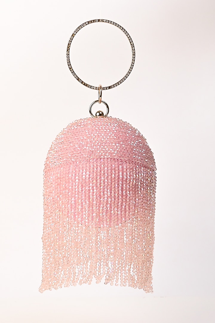 Pink Raw Silk Crystal Embroidered Round Clutch by Sugarcrush at Pernia's Pop Up Shop