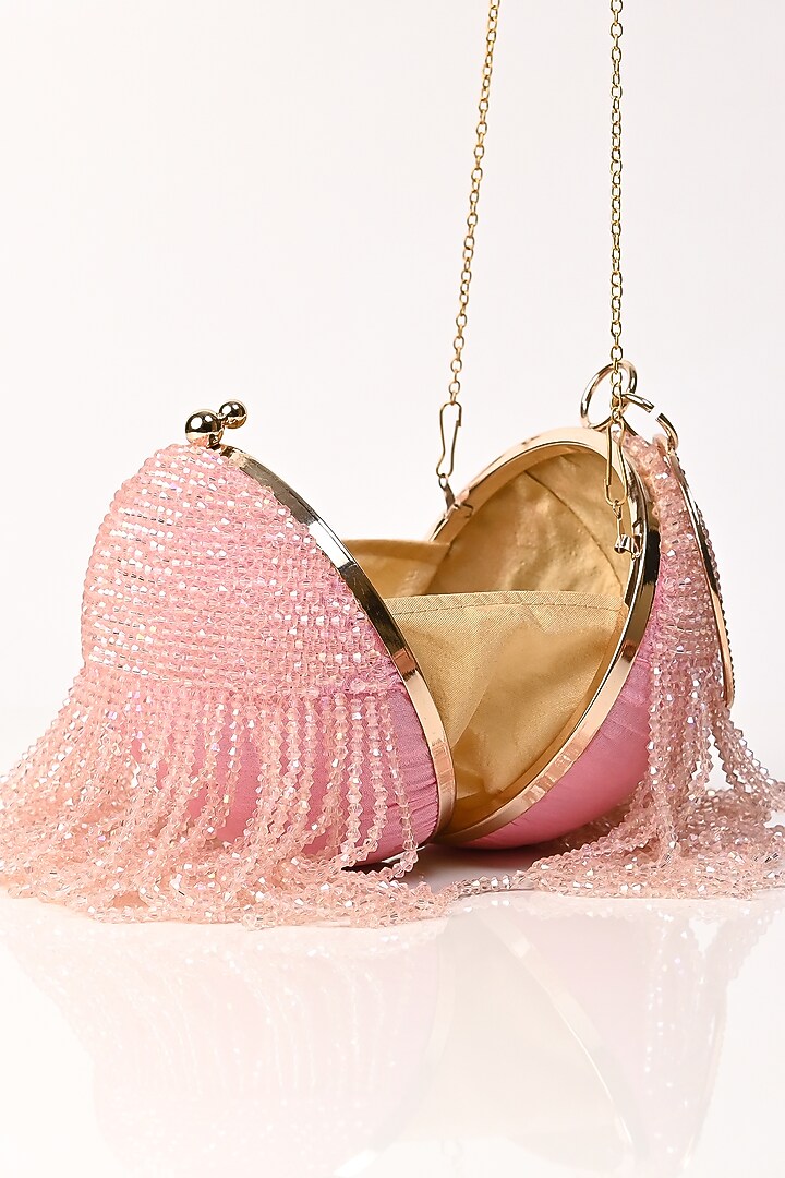Pink Raw Silk Crystal Embroidered Round Clutch by Sugarcrush at Pernia's Pop Up Shop