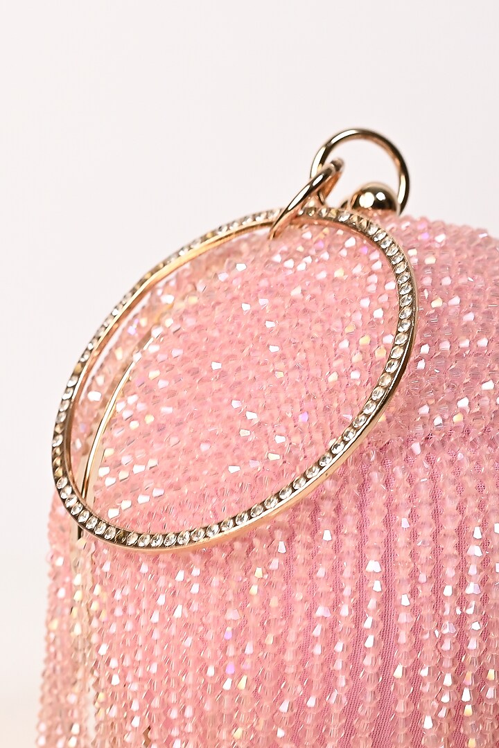 Pink Raw Silk Crystal Embroidered Round Clutch by Sugarcrush at Pernia's Pop Up Shop