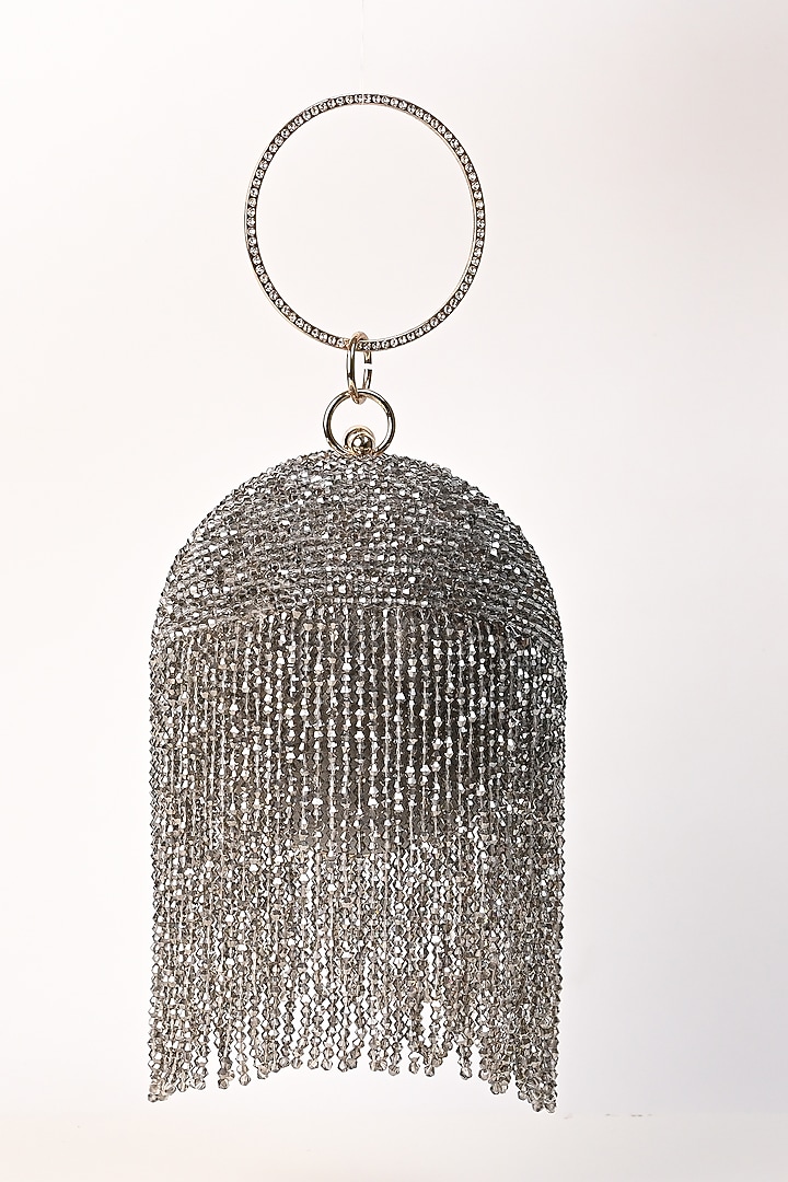 Grey Raw Silk Crystal Embroidered Round Clutch by Sugarcrush at Pernia's Pop Up Shop