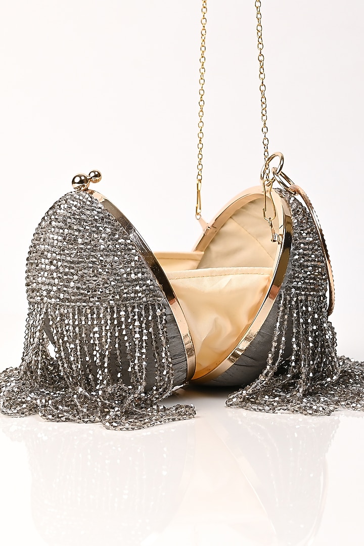 Grey Raw Silk Crystal Embroidered Round Clutch by Sugarcrush at Pernia's Pop Up Shop