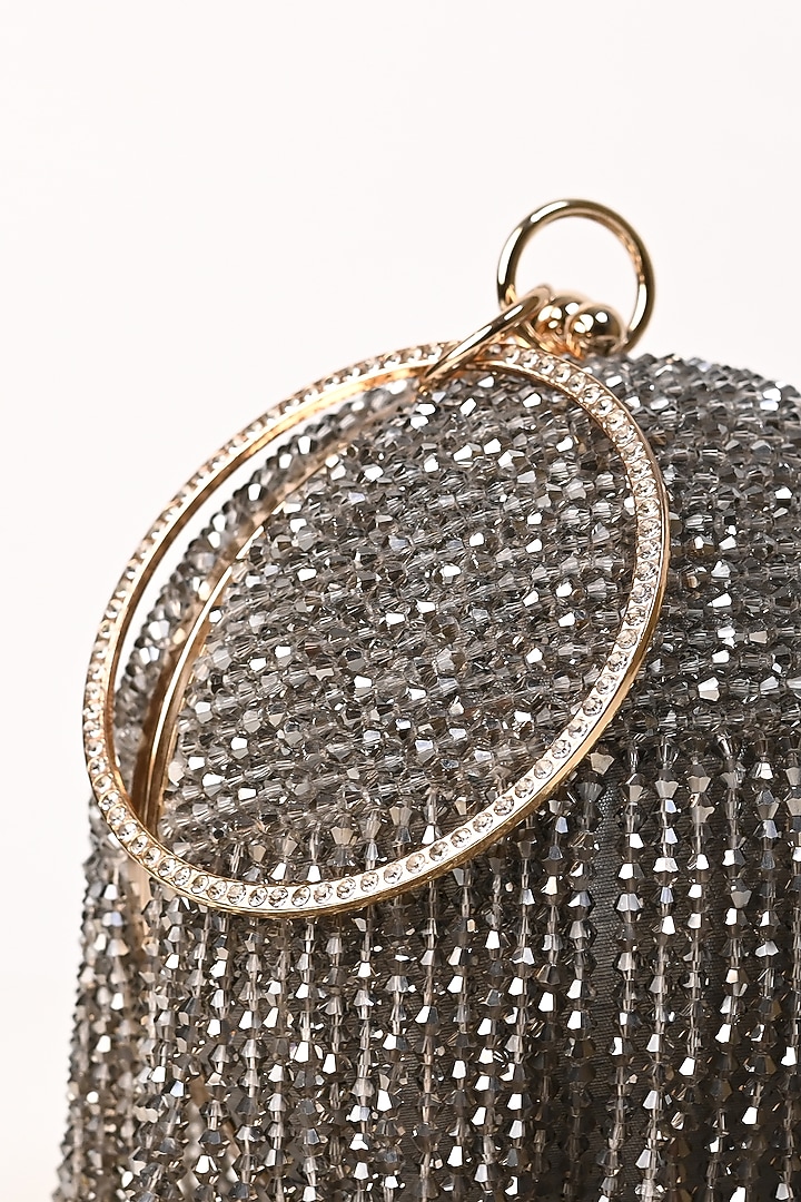 Grey Raw Silk Crystal Embroidered Round Clutch by Sugarcrush at Pernia's Pop Up Shop