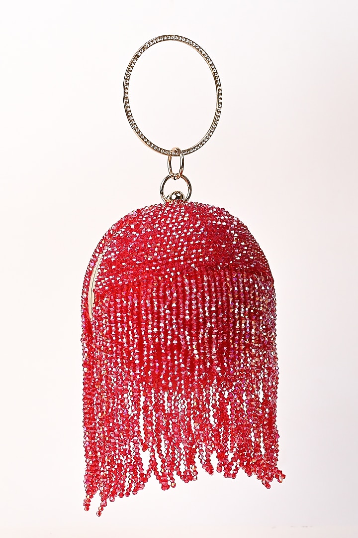 Red Raw Silk Crystal Embroidered Round Clutch by Sugarcrush at Pernia's Pop Up Shop